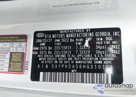 2017 Kia Sorento 3.3L Sx из США, поврежденный, VIN 5XYPKDA56HG310105